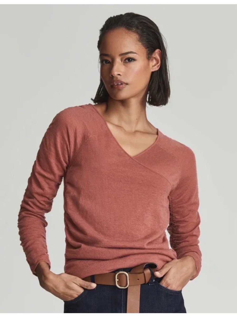 REISS Verity Ruched Sleeve Wool/Cashmere Blend Sweater